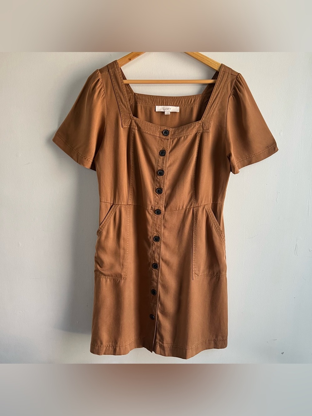 LOFT Women’s Size 6 Emory Square Neck Button Front Pocket Utility Dress Brown